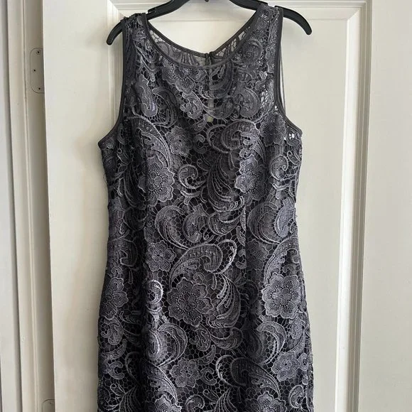 adrianna papell gray lace dress Adrianna Papell Beaded CrossHatch Gown – Peachy Flamingo Ltd main image 0